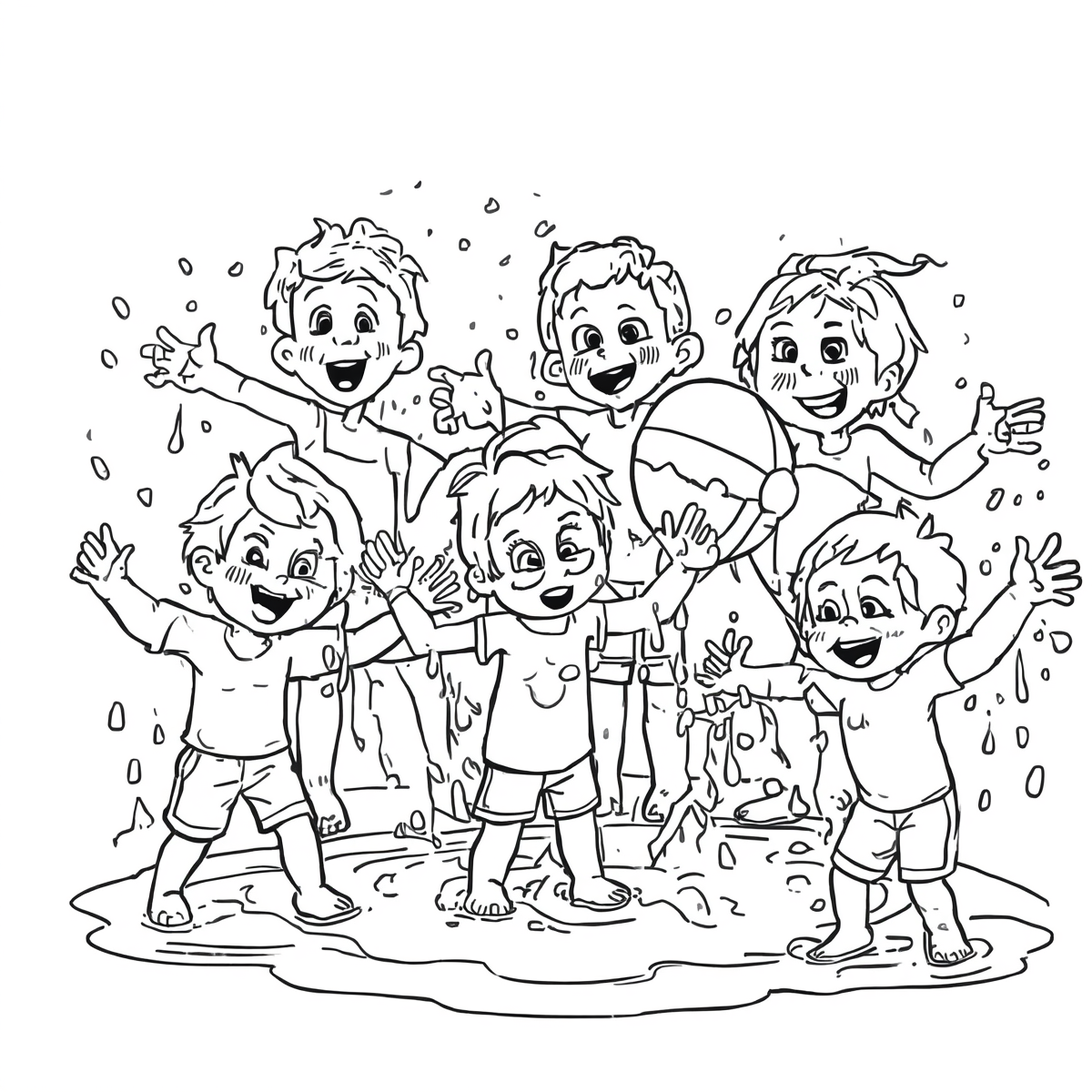 Kleurplaat van kinderen die waterspelletjes doen, zwart-wit lijntekening, eenvoudige contouren, geschikt om in te kleuren