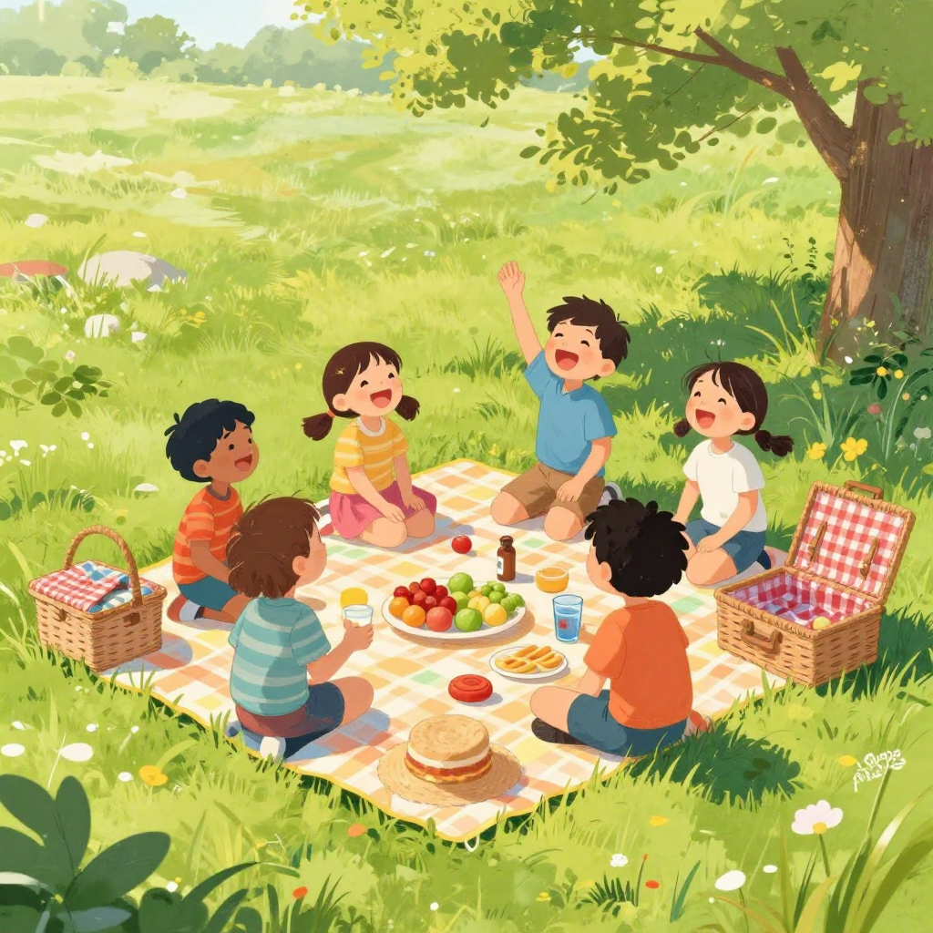 tekening zomerpicknick kinderen